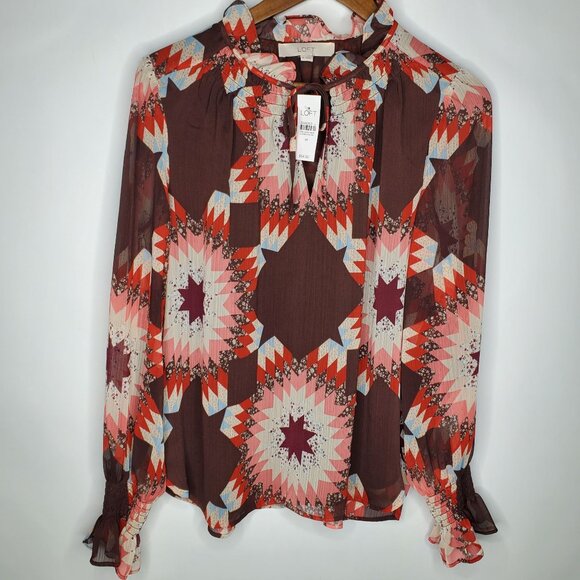 LOFT Blouse Womens Colorful Patchwork Blouse Size M Long Sleeve Ruffle Neck NWT - Picture 1 of 11